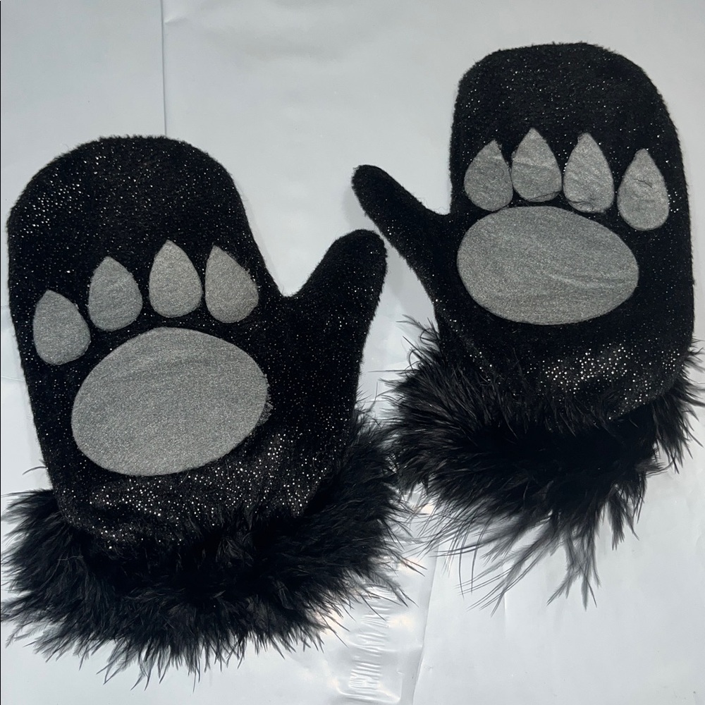 Bear Paw black gray Gloves sparkle mittens fur cuffs women S M and older kids